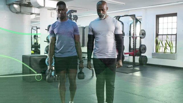 Two men stepping forward, lunging with kettlebells for fitness, green overlay intersecting them