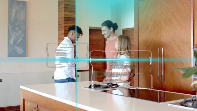 Agent entering kitchen placing tablet tapping and offering bottle while HUD guiding couple for tech