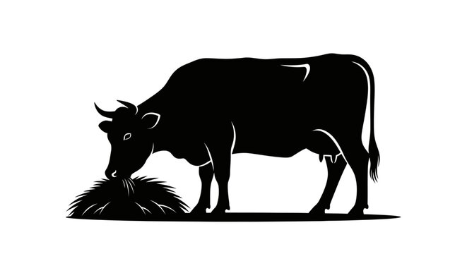Eid ul Adha Black cow silhouette, grazing animal, farm livestock, vector icon isolated on White Background vector