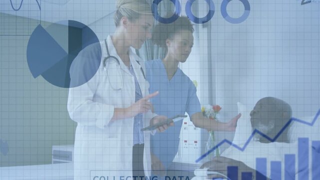 Vertical video: Reacting to DATA prompt white coat doctor and nurse in scrubs tapping tablet at bed