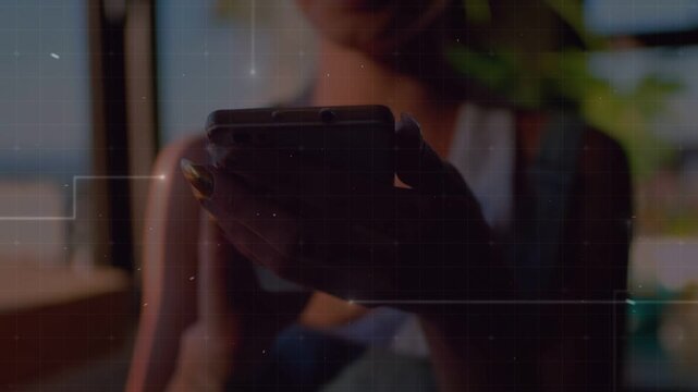 Woman lifting phone into mirror to center phone, causing tech overlay, shifting to mouth, smiling