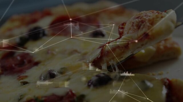 Utensil sliding under pizza slice, lifting cheese while HUD graphs tracking toppings for food tech