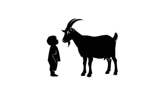 Eid ul Adha Black silhouette child, goat, kid and animal, face to face, side view isolated on White Background vector