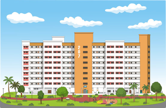 Singapore's HDB block with clean white walls and orange accents rises against the sky, while greenery, palm trees, and a workout area create a lively, welcoming estate below.