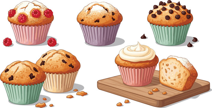 Delicious Cupcakes with Creamy Frosting and Chocolate Chips, Fluffy Cupcakes with Raspberries, Assorted Muffins with Toppings,  Sweet Cupcake Treats with Fruit and Chocolate