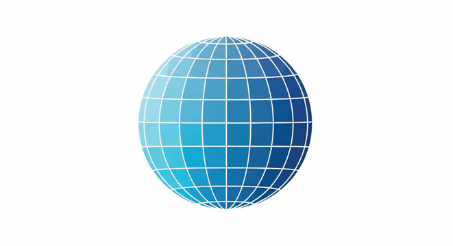 Globe icon with blue gradient continents and white latitude longitude grid lines on a white background