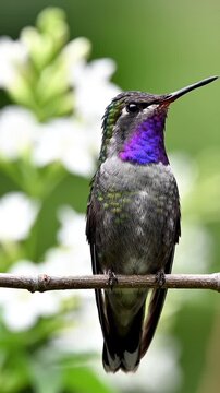 Vibrant Hummingbird with Purple Throat Perched on a Branch