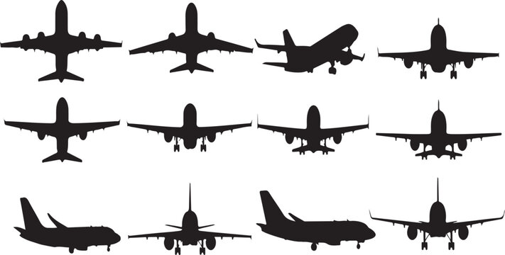 Collection of various airplane silhouettes in different positions and angles isolated on white background