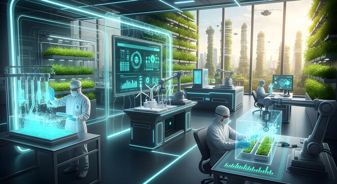 Futuristic biolab with vertical farming and advanced technology display