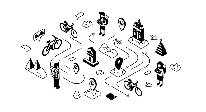 Isometric travel and tourism vector set with world landmarks navigation pins tourists and bicycles for global vacation map design