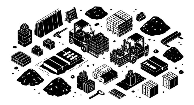 Isometric Construction Site Building Materials Set with Forklifts Pallets Bricks Sand Heaps and Hardware Equipment Vector Illustration Collection