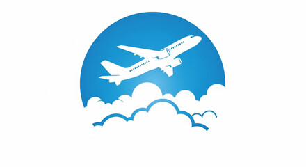 Naklejka premium Airplane travel icon with blue sky background, white clouds, and clean flat vector style for vacation and tourism