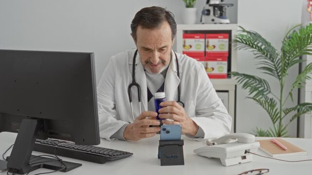 Man doctor holds blue pill bottle and points finger to label in clinic building; telemedicine reassurance.