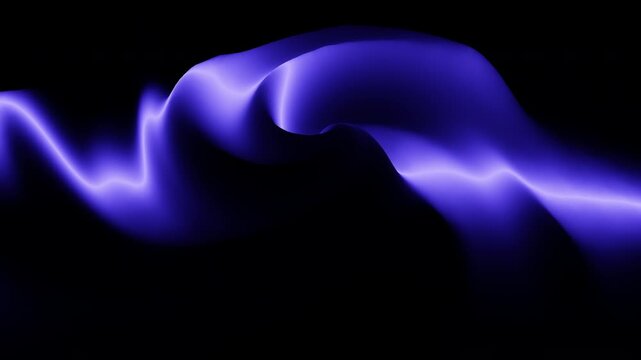 Glowing purple neon ribbon of light undulates across a dark black background, creating an abstract futuristic energy wave for technology, music, and motion design