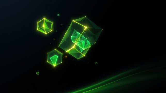 Glowing polygonal shapes float against dark background. Geometric forms create futuristic, vibrant visual effect.