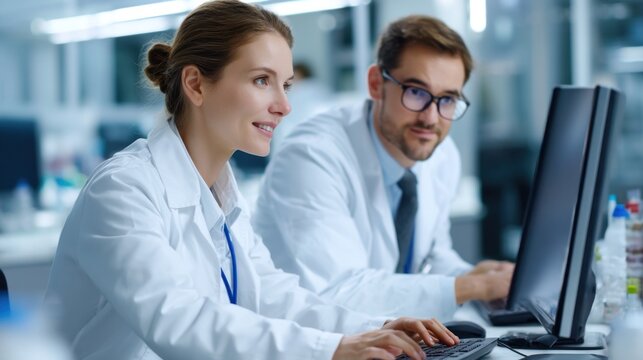 Scientists analyzing data on computer screen