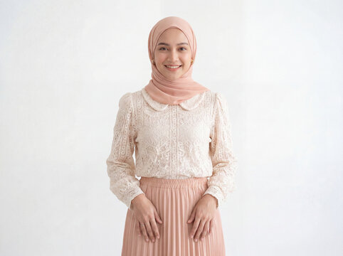 Romantic Muslim Woman in Blush Peach Hijab Wearing Cream Lace Blouse with Peter Pan Collar and Pink Pleated Midi Skirt Feminine Fashion Portrait on White Background