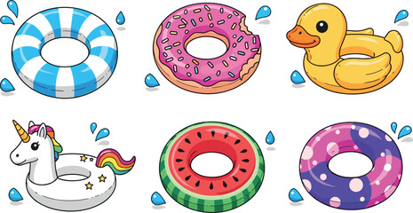 Colorful inflatable pool rings set with donut duck unicorn and fruit designs isolated on white background for summer water fun and vacation concepts © MdMojnu