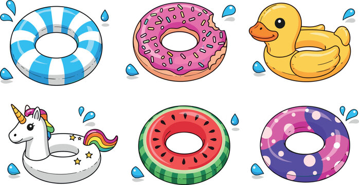 Colorful inflatable pool rings set with donut duck unicorn and fruit designs isolated on white background for summer water fun and vacation concepts