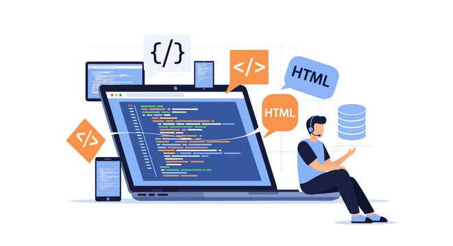 Programmer Working on Laptop with Coding and Technology Elements.