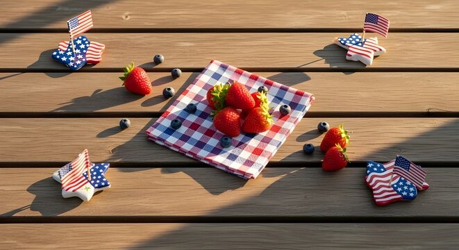 Patriotic fourth of july picnic setting with fresh strawberries, blueberries, and american flag decorations on a rustic wooden table background