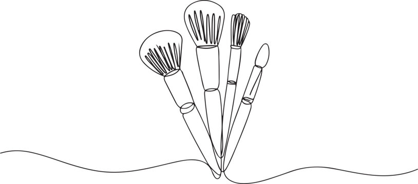 makeup brush continuous one line drawing, Professional makeup brushes one line colored continuous drawing. one line Icon drawing