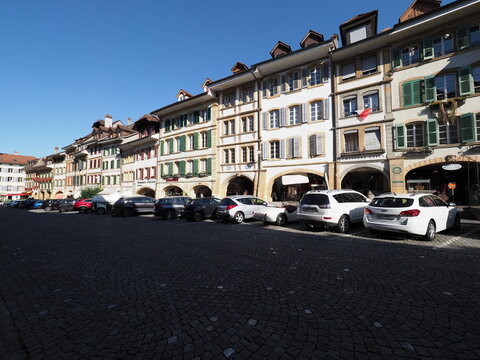 Frontage in old European town of Murten in Switzerland