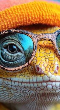 Close-up of a reptile in stylish accessories