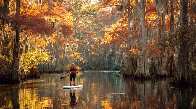 Person paddles standing on a board in a lake, surrounded by fall swamp trees.
