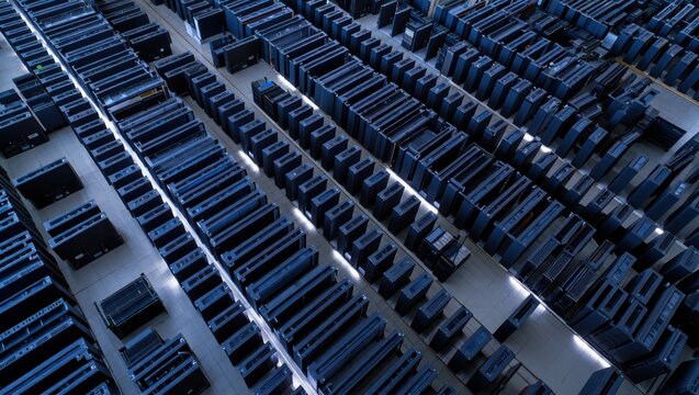 Aerial view of modern data center server racks in blue-lit high-tech facility with organized cabling and infrastructure