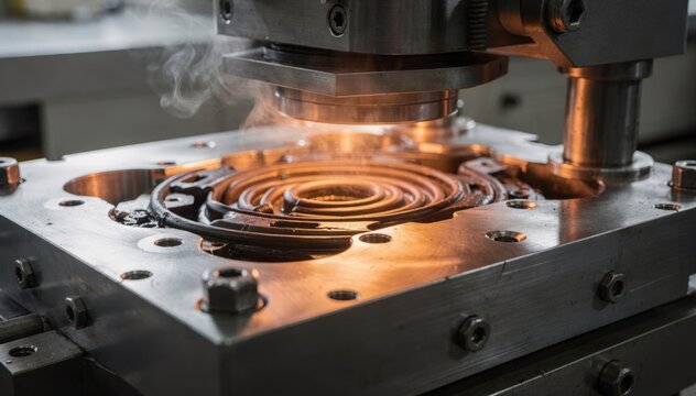 Closeup medium footage showing compression molding of rubber seals as heated press clamps preformed rubber in detailed metal molds emphasizing airtight component production.