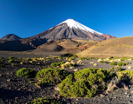 Snow Capped Conical Volcano Against A Clear Blue In A High Altitude Desert Landscape With Green Shrubs And Volcanic Rocks In The Foreground