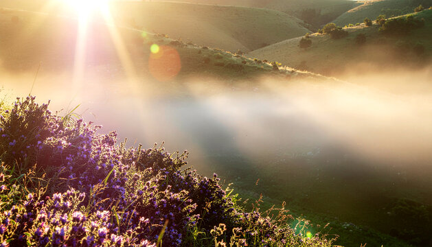 Sunlight penetrates the thin mist. A vast and beautiful mountain landscape.