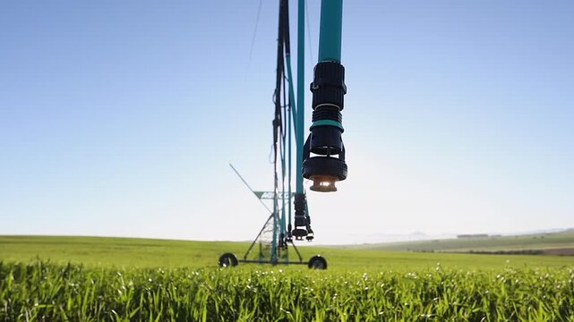 Dangling irrigation pivot hose nozzle, shot directly into the sun