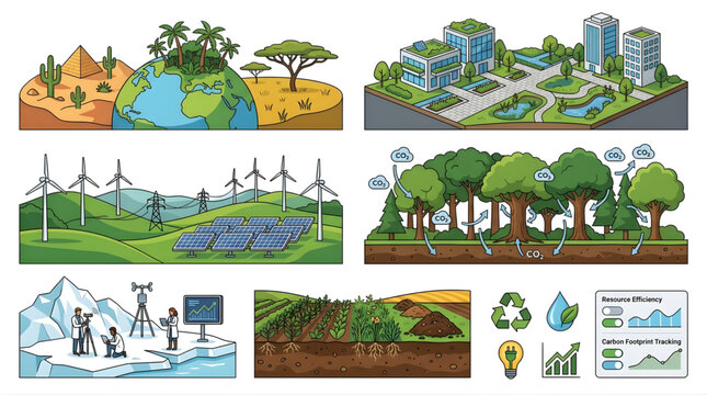 Various environmental and sustainability concepts are visually represented, including diverse biomes, urban green infrastructure, wind farms with solar panels, and scientific glacier monitoring.