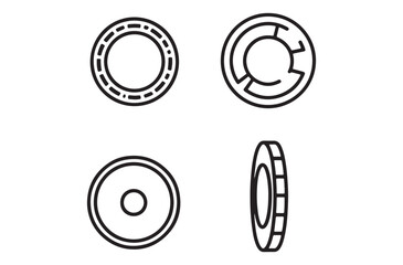 Fototapeta premium Set of four line art icons depicting coins from different perspectives, front, side and detail views, symbolizing currency and value