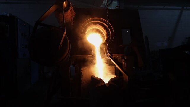 Hot molten metal in industrial foundry is poured into transfer ladle