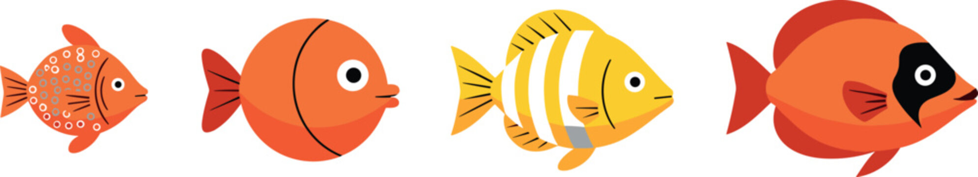 Cute colorful cartoon fish set with different tropical aquarium species illustration isolated on white background for kids design marine life and underwater themes