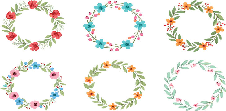 Botanical floral wreath vector set featuring 6 colorful spring flower frames for wedding monograms and organic boutique branding in a flat style.