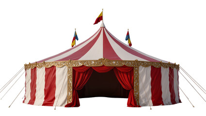 Grand red and white striped circus tent with ornate gold trim and red curtains, isolated on transparent background © Veaceslav