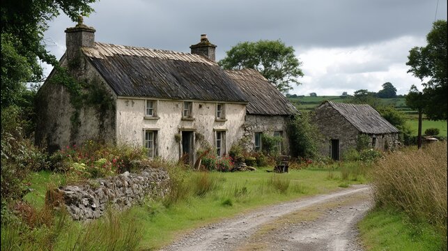 Old Irish homes stand in the countryside.