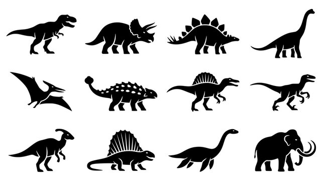 collection of dinosaur and prehistoric animal silhouettes vector illustration