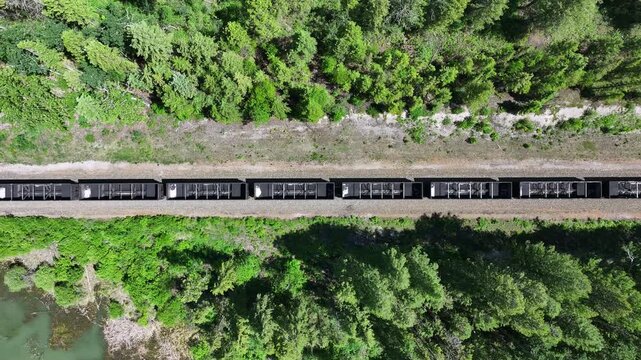 Long slow zoom out of freight train crossing a forest in British Colombia - Canada