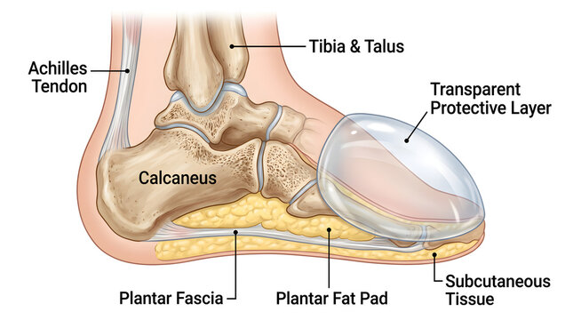 Lateral foot view with transparent protective layer highlighting calcaneus, tibia and talus, plantar fascia, plantar fat pad, subcutaneous tissue and Achilles tendon to explain heel cushioning, arch s