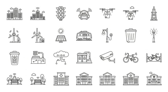 Collection of smart city icons representing modern urban infrastructure and technology.