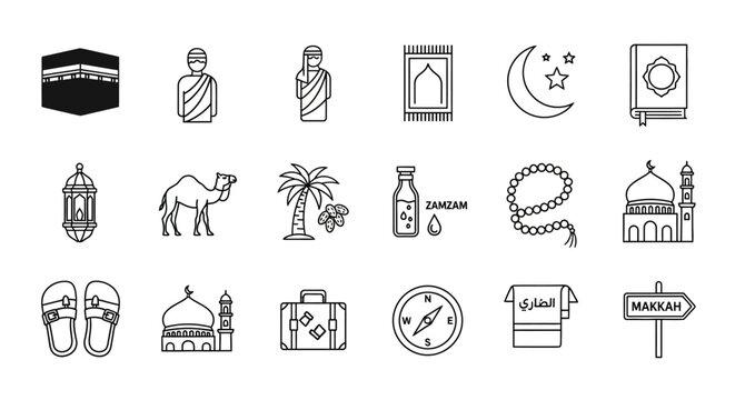 Collection of Islamic and Hajj related icons including Kaaba, prayer mat, Quran, and camel