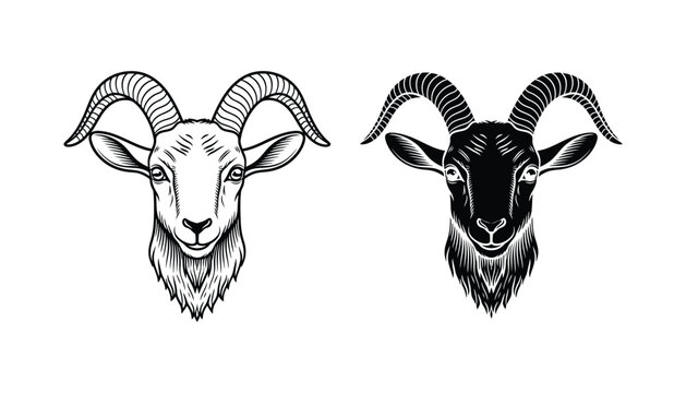 Goat head mascot icon set with curved horns for agriculture and animal imagery in vector style