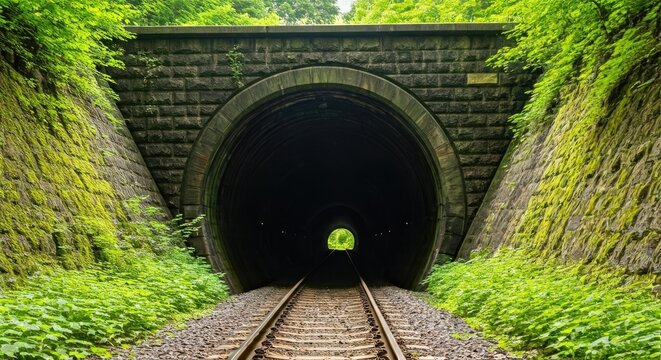 Dark tunnel entrance, stone archway, railway tracks, lush greenery