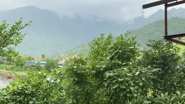 Train-window view of lush tropical greenery, lagoon edge, and misty mountains in central Vietnam, capturing a quiet rural landscape during an overcast rail journey.