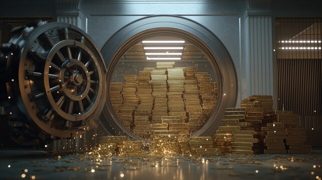 Vault filled with stacks of shining gold bars spilling onto the floor inside a secure bank safe.